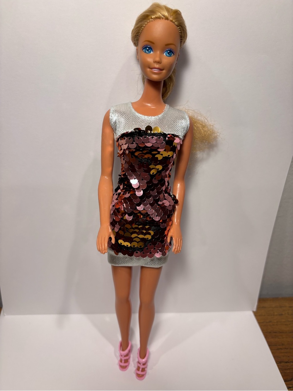 Vintage Barbie Doll 1966 Body Mattel Malaysia Blonde Sequined Silver Dress Shoes